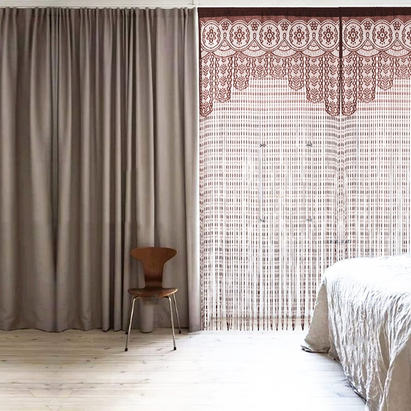 HSYLYM Lace Door Srting Curtain Warm Sheer Curtains Flat Tassel Ribbon Curtain Window Panel Room Divider Wall Decorations,Brown,90x200cm(35" Width x 79" Length) - Image 3